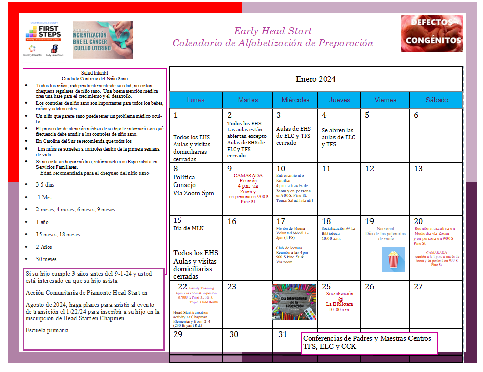 EHS Calendar | Spartanburg County Early Head Start